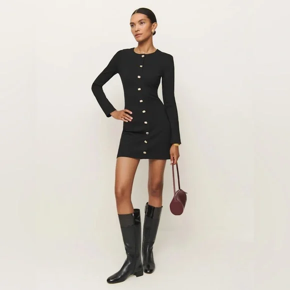 Reformation Micah Knit Dress Black Long Sleeve Dress with Gold Buttons - Picture 5 of 11